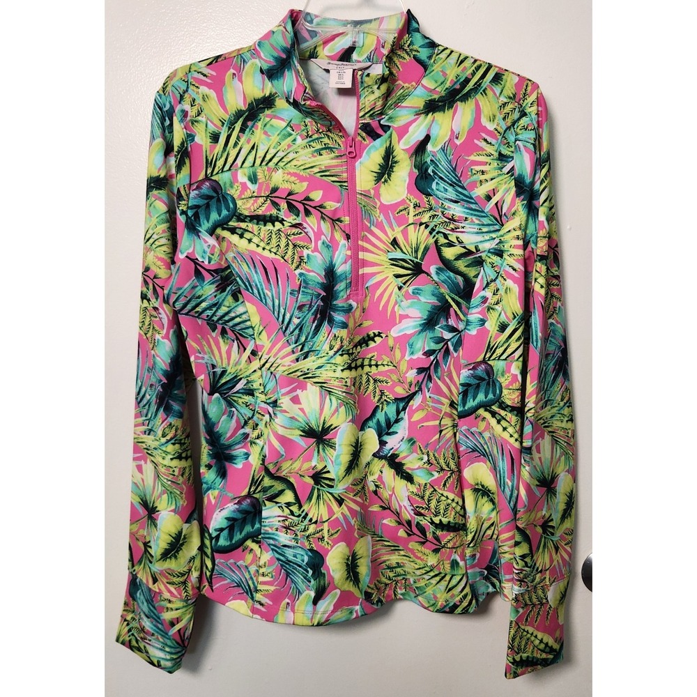 Tommy Bahama Golf 1/4‎ Zip Pullover Top Thumbholes Pockets Large Tropical UPF 50